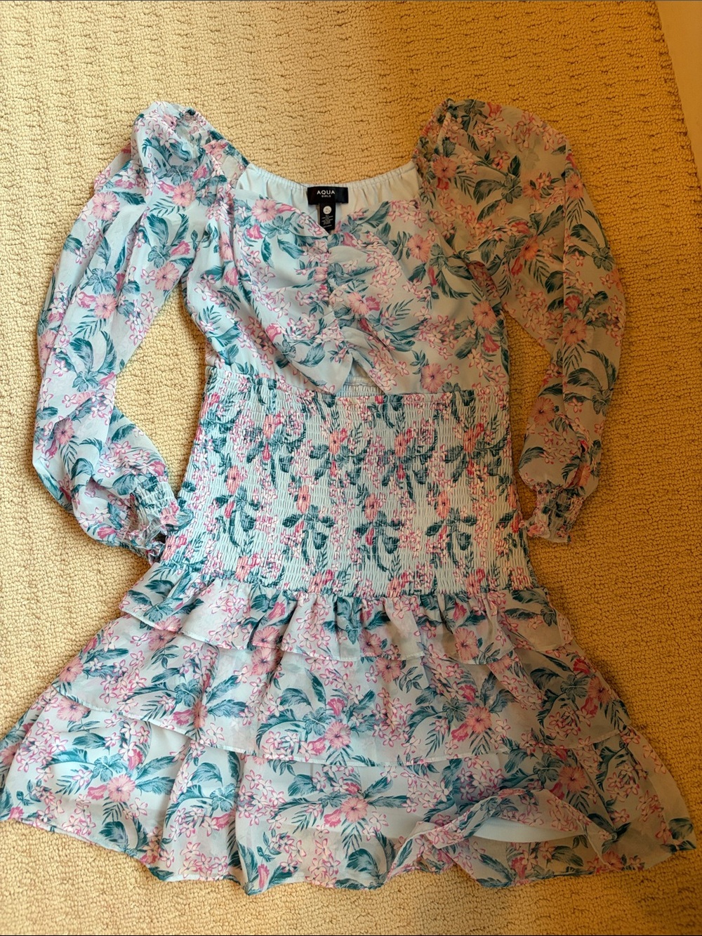 Aqua Light Blue Floral Smocked Ruffle Dress with Pink Accents. Girls size 14-16